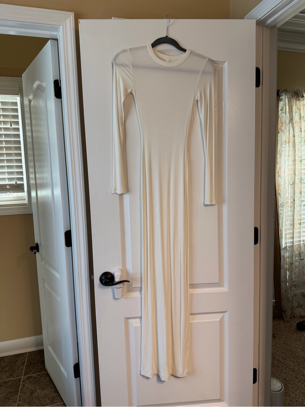 SKIMS Ribbed Cream/White Long-Sleeve Maxi Dress - Elegant Minimalist Style